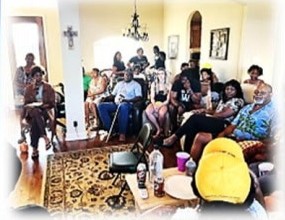 Family filling a living room for the meet and greet
