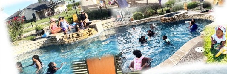 Kids and adults swimming in a backyard pool
