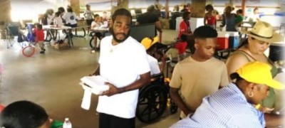 Family in line for food