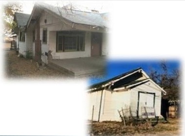 Two old photos of a small white wood-frame house